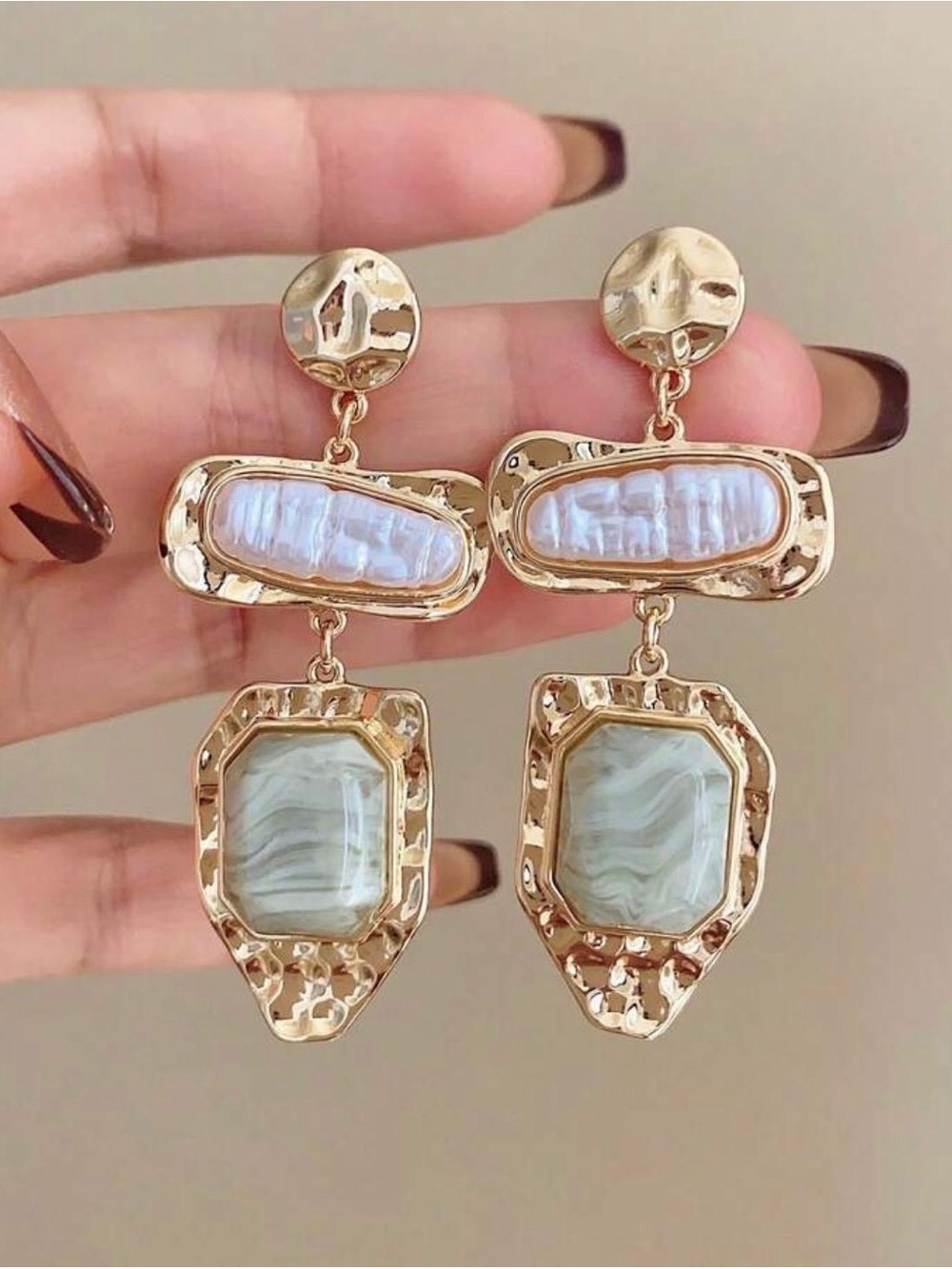 Gold Drop Earrings with Iridescent Pearl and Pale Green Stones